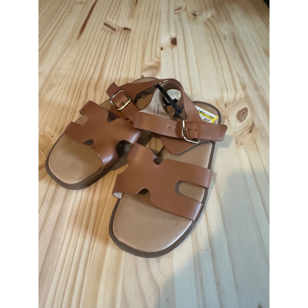 Art Class Kids Brown H-Band Ankle Strap Sandals Size 2 Cognac Gold Buckle Flat